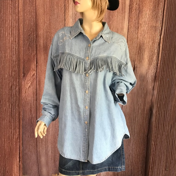 Bay 6 Western Denim Shirt Fringe Button 